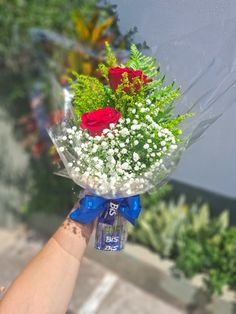 a hand holding a bouquet of roses and baby's breath