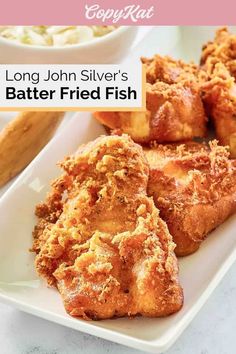 some fried food on a white plate with the words long john silver's batter fried fish