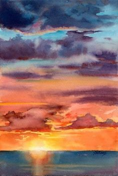 a painting of the sun setting over the ocean with clouds in the sky above it