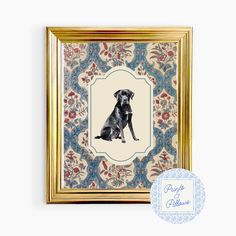 a black dog sitting in front of a blue and red wallpaper with a gold frame