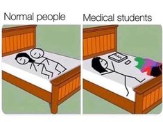 two pictures of a person laying on a bed with the caption normal people medical students