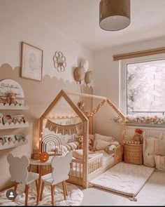 a child's bedroom decorated in neutral tones