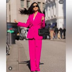 Brand New. Long Flowy Pant. High Waisted, Straight Leg, Side Hidden Zip Closure. Tuxedo Collar Blazer. Tied Self Belt. Tonal Lined Interior. Front Button Closure Color- Neon Fuchsia Zara Wide Leg Workwear Sets, Zara Wide Leg Sets For Workwear, Elegant Zara Pink Pantsuit, Elegant Pink Zara Pantsuit, Pink Zara Pantsuit For Work, Long Flowy Pants, Tuxedo Collar, Pink Tuxedo, Zara Set