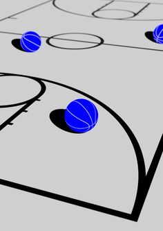 an animated basketball court with several blue balls on the side and three black circles around it