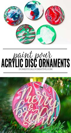 an ornament that has been made with acrylic paint and is hanging on a christmas tree