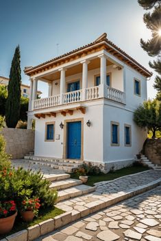 a white house with blue doors and steps leading up to it