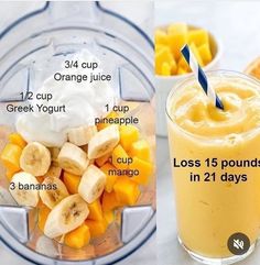 the ingredients for a smoothie in a blender including bananas, orange juice and greek yogurt