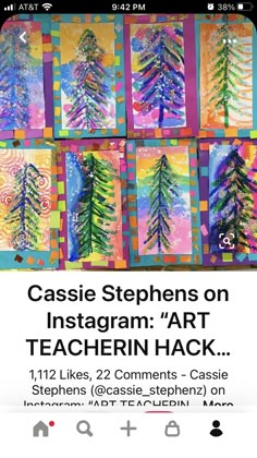 an advertisement for the art teacher's class on instagramm, featuring colorful pine trees