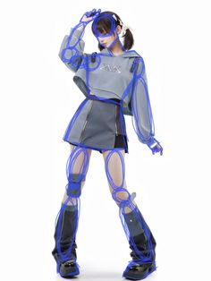 a woman is dressed in futuristic garb and boots