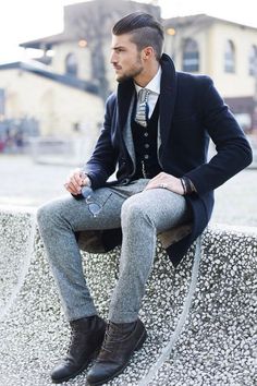 I think the coat and pants are paired great together. Both pieces themselves look very nice. -Josh Navy Overcoat, A Man In A Suit, Man In A Suit, Pompadour, White Shirt Dress, Mens Fashion Trends