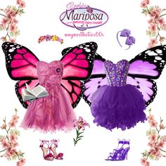 two dresses with butterfly wings and flowers