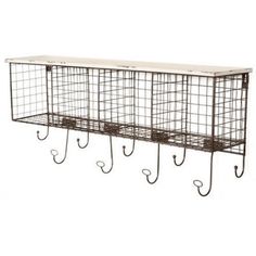 a metal shelf with three hooks and two baskets hanging from the top, on an isolated white background