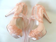 "Peach embellished lace wedding shoes for bride, custom heel heights available. Feel yourself like a princess in these peach wedding heels on your fairy tale night! Personalized wedding gift, peach bridesmaids shoes, custom engagement gift. Peach satin bridal shoes are designed with embroidered lace. Glass beads and shiny sequins are used on the embroidery and organza ribbons tie on the front. They are made of soft smooth satin and delicate lace, each handmade item is unique and can differ in de Peach Heels, Peach Sandals, Embellished Wedding Shoes, Blush Wedding Shoes, Peach Shoes, Lace Wedding Shoes, Custom Heels, Wedding Shoes For Bride, Shoes For Bride