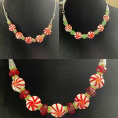 Getting ready for the Holidays.  Add some fun colors to your Holidays! This gorgeous and fun Candy Cane Necklace, was created with a specific purpose in mind:  to be beautiful and classy. This gorgeous necklace will last you a lifetime.   These fun Candy Cane Necklaces, are string with 15mm round candy cane beads accented with red, green and clear sparkly rhinestone spacers or 15mm round candy cane beads, 10mm green quartz crackle beads accented with clear sparkly rhinestone or 15mm round candy cane beads, 10x12mm crystal red machine cut glass beads accented with light green sparkly rhinestone or It is finished with a silver cable chain with a lobster clasp.  Matching earrings come with the necklace.  They make a beautiful ensemble together though.  The earrings are 2.5 inches in length wi Christmas Jewelry Diy, 2024 Ideas, Jewelry Board, Candy Jewelry, Christmas Necklace, Christmas Bracelet, Best Candy, Jewelry Boards, Earrings Beaded