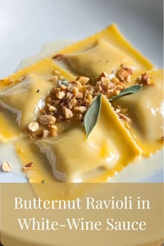 Delicate ravioli stuffed with butternut squash, topped with a rich white-wine sauce, perfect for fall fine dining. Sauces For Butternut Squash Ravioli, Fall Pasta Dinner, Butternut Squash Ravioli Sauce, Ravioli Pasta Recipe, Fall Pasta Recipes, Roasted Veggie Pasta, Zucchini And Squash Recipes, Ravioli Sauce Recipe, Wife Cooking