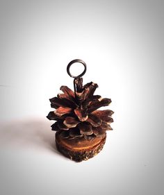 a pine cone keychain sitting on top of a piece of wood with a metal ring