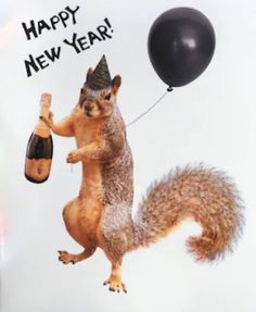 a squirrel with a party hat holding a bottle of champagne and wearing a happy new year cap