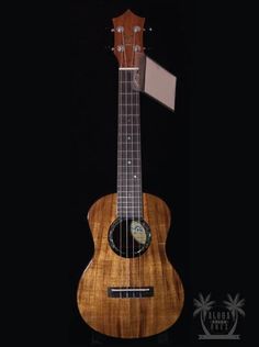 the ukulele is made out of wood and has a black back dropper