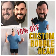 two photos with the same image and one has a fake beard on it, while the other has a custom bobble head