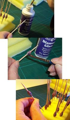 two pictures showing how to use glue on sponges and other things in the process