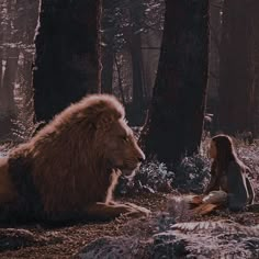 a woman sitting on the ground next to a lion and another animal in the woods