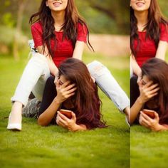 two pictures of a woman sitting on the grass with her hands over her face and smiling