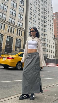 Black Adidas Superstar Outfit, Grey Maxi Skirt Outfit, Long Cargo Skirt, Adidas Superstar Outfit, Superstar Outfit, Skirt Outfits Aesthetic