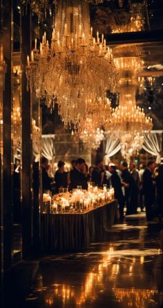 a large chandelier hanging from the ceiling in a room filled with tables and chairs