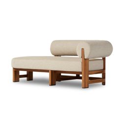 a wooden bench with a beige upholstered seat