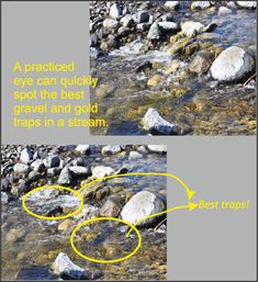 two pictures showing rocks and water with the caption's in yellow above them