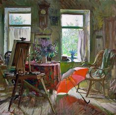 a painting of an artist's studio with two chairs and one umbrella in the foreground