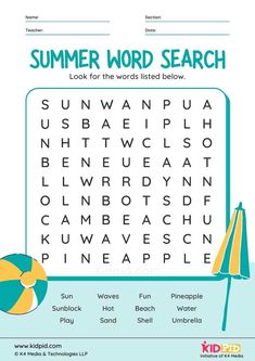 the summer word search is shown with an umbrella, beach ball and sunbath