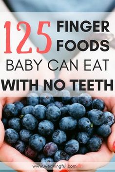 two hands holding blueberries with text overlay that reads, 123 finger foods baby can eat without teeth