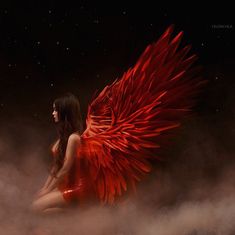 a woman with red wings sitting in the clouds