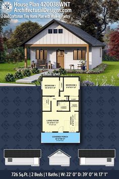 the floor plan for a small house with an attached porch and covered front porch, is shown