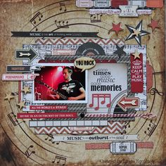 a scrapbook page with an image of a man playing guitar and other music related items