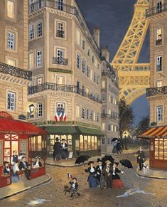 an oil painting of people walking in front of a building with a eiffel tower in the background