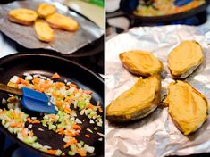 two pictures side by side with food being cooked in pans