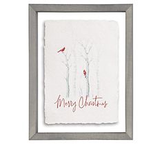 a red bird sitting on top of a tree in front of a merry christmas card