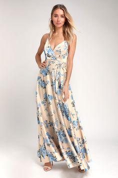 Champagne Satin Floral Print Summer Wedding Guest Maxi Dress Under $100 Flowy Prom Dress, Champagne Satin Dress, Cute Floral Dresses, Full Maxi Skirt, Formal Dresses Gowns, Floral Print Maxi Dress, Floral Print Maxi, Satin Maxi Dress