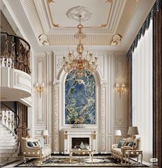 an elegant living room with chandelier and fireplace