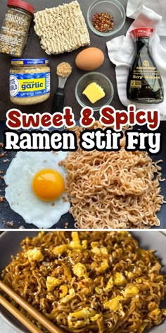 sweet and spicy ramen stir fry with eggs, rice, noodles, and other ingredients