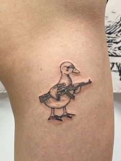 #duck #kacsa #tetoválás #tattoo #linework #lineart #linetattoo #lineworktattoo Tattoos For Back Of Leg, Cool Duck Tattoo, Goose Holding A Knife Tattoo, Duck Duck Goose Tattoo, Best Friend Duck Tattoos, Worst Tattoos, Farm Life Tattoos, Duck With Knife Tattoo, Small Bird Tattoo Ideas