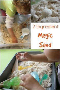 there is a collage of photos showing how to make magic sand