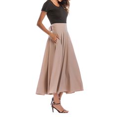 Khaki High Waisted Swing A-line Maxi Skirt Chic A-line Maxi Skirt For Work, Chic A-line Maxi Skirt With Lining, Chic A-line Lined Maxi Skirt, A-line Pleated Skirt With Pockets, Flowy A-line Maxi Skirt With Pockets, Chic A-line Maxi Skirt In Solid Color, Spring A-line Maxi Skirt For Workwear, A-line Maxi Pleated Skirt For Work, High Waist Beige Maxi Skirt