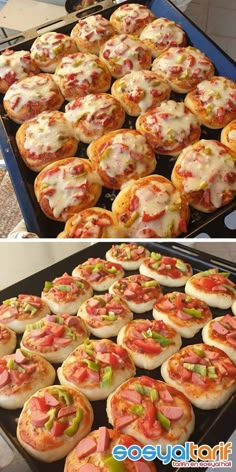 there are many different types of pizzas on the grill and in the baking pan