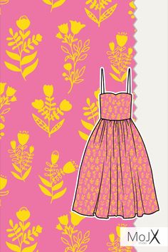 a pink dress with yellow flowers and leaves on a bright pink background, next to the word xom