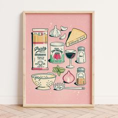 a pink framed poster with spices and ingredients on the wall next to a wooden floor