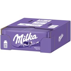 milk chocolate bar in purple box on white background