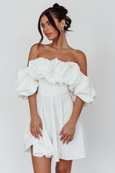 Kailynn Off-Shoulder A-Line Mini Dress White Mini Dress White, Bridal Shower Dress, Off Shoulder Fashion, Shower Dresses, Engagement Dresses, White Off Shoulder, Reception Dress, Trending Fashion, Bridal Outfits